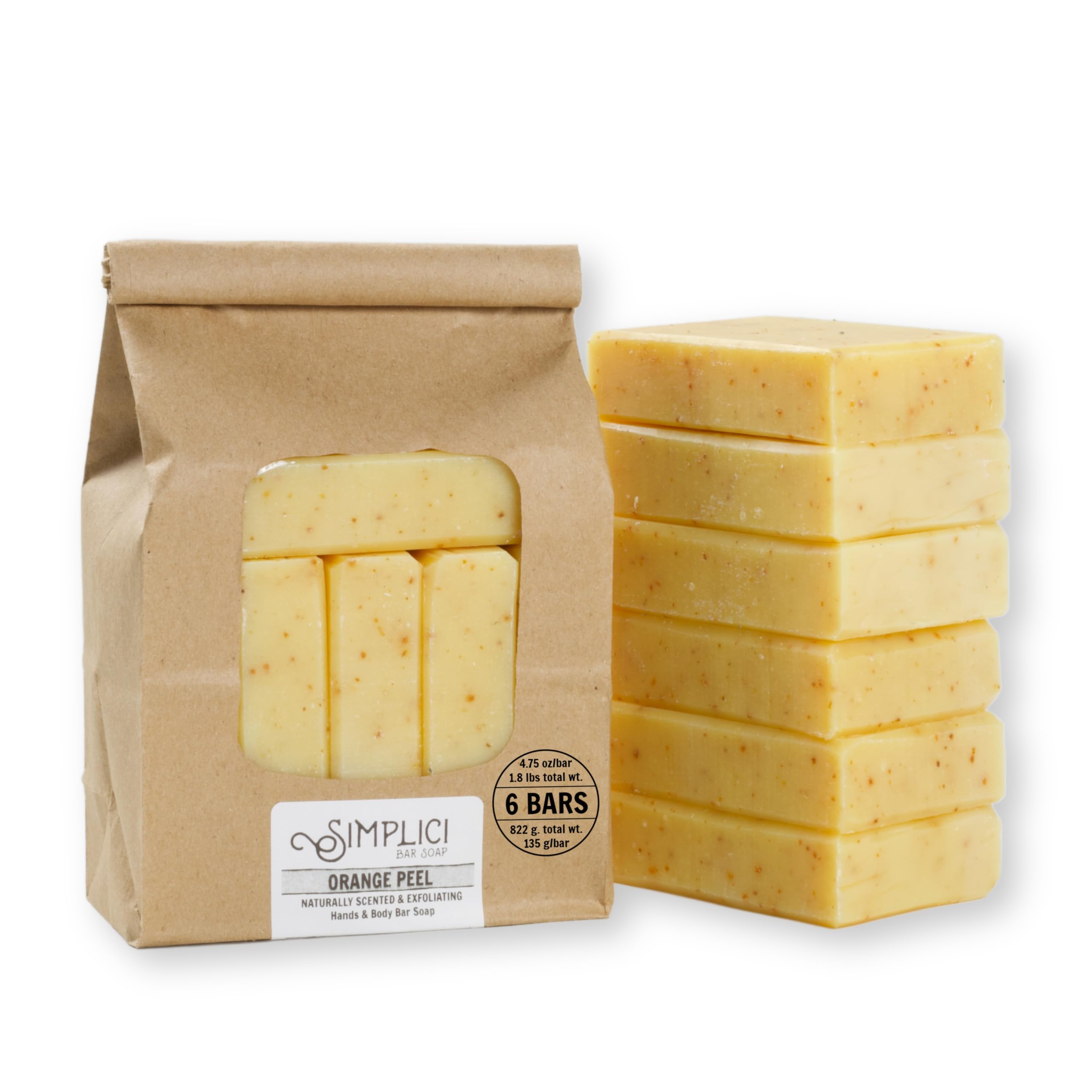 Simplici Orange Peel Natural Soap (exfoliating + pure essential oils) 6 Bar Value Bag. Palm Free.